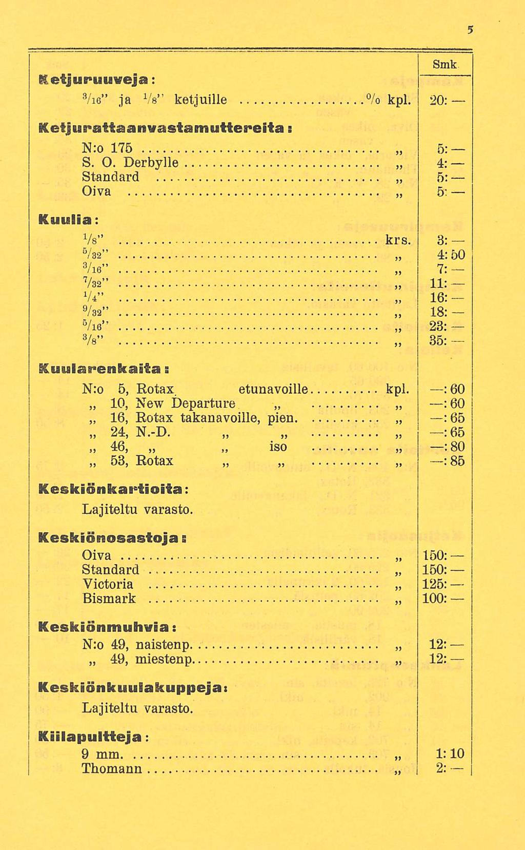 Smk Ketjuruuveja: Vie ja Vs ketjuille % kpl. 20: Ketjurattaanvastamuftftereita: N:o 175 5: S. O. Derbylle 4: Standard 5: Oiva 5: Kuulia: Vs krs.