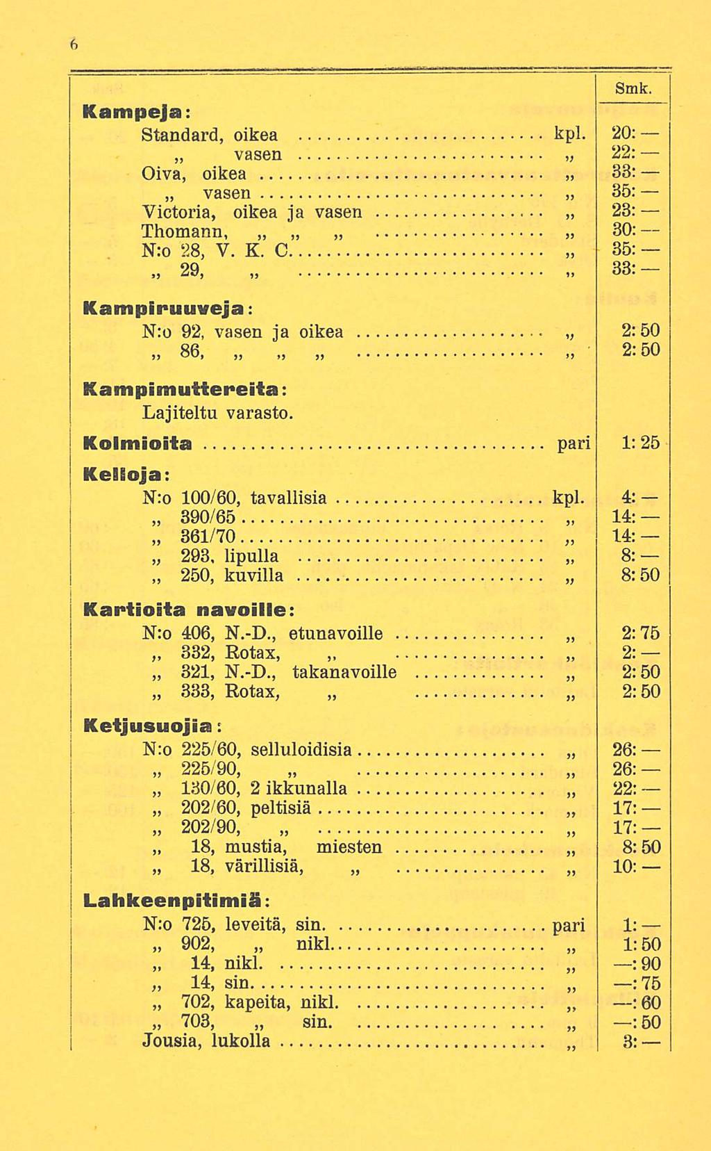 i Kampeja: Standard, oikea kpl. 20: vasen 22: 33: Oiva, oikea vasen 35: Victoria, oikea ja vasen Thomann, 23: 30: 35; N:o 28, V. K. C 29, 33:- Kampiruuveja: N:o 92, vasen ja oikea 2:50» 86, 2:50 Kampi muttereita: Lajiteltu varasto.