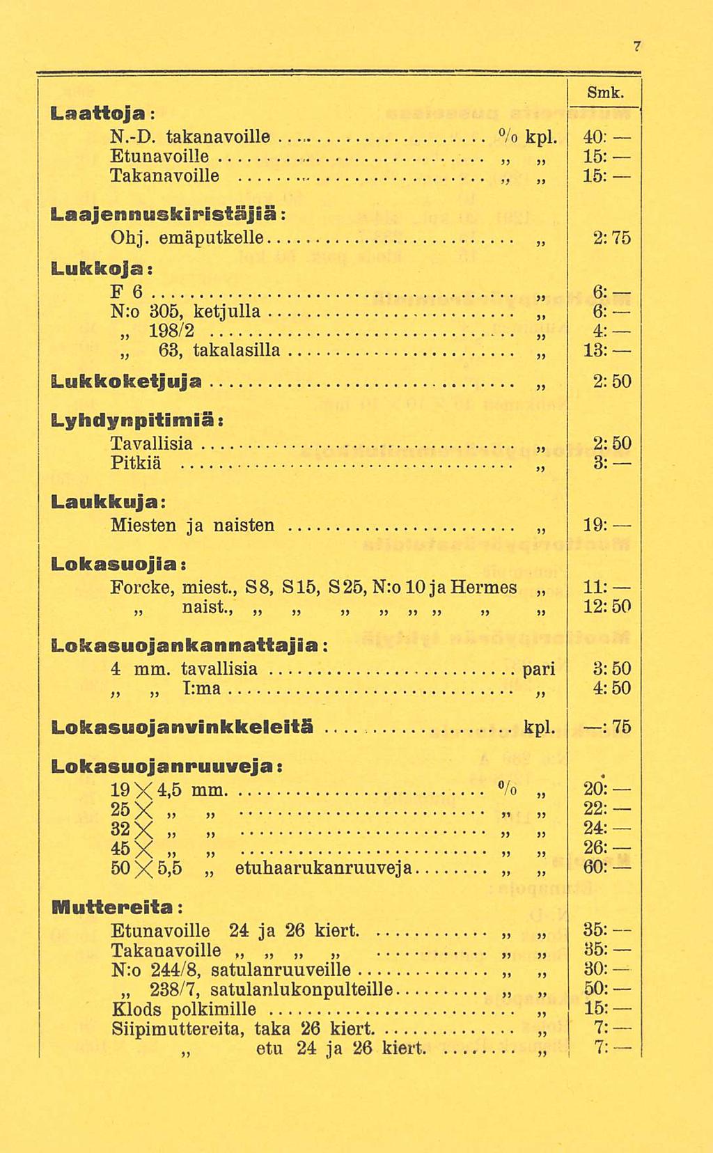 kpl. Laattoja: N.-D. takanavoille % kpl. 40; Etunavoille 15: Takanavoille 15: Laajennuskiristäjiä: Ohj.