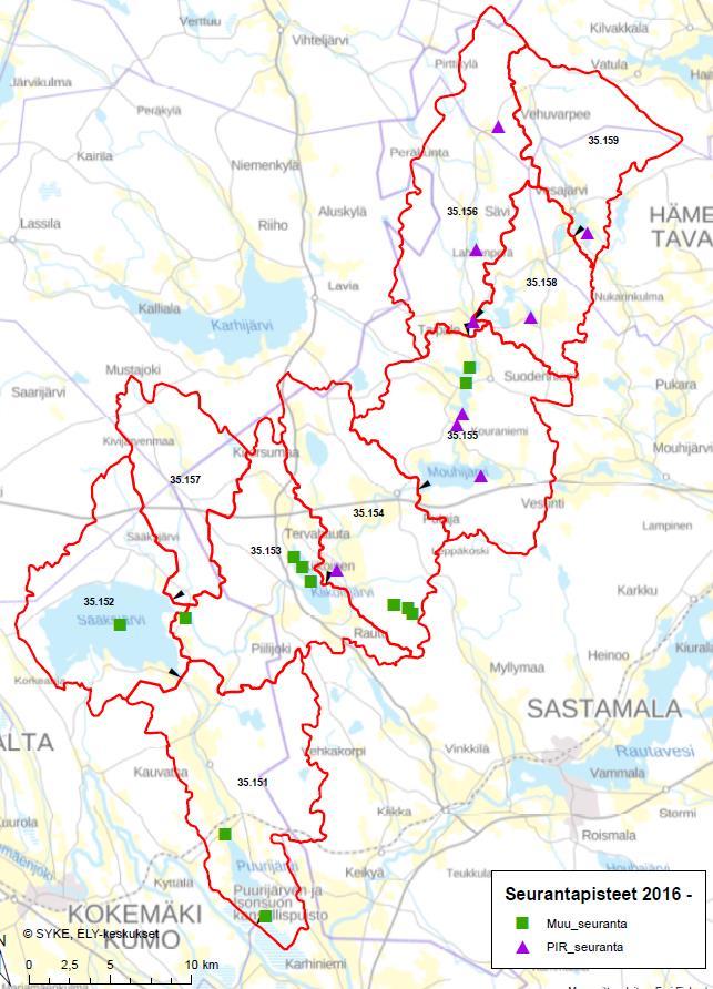 Seurantapisteet Vedenlaadun seuranta: - Mouhijärvessä 3 v.