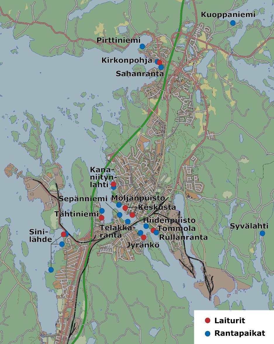 Alla olevassa kartassa laituri- ja soutuvenepaikkojen sijainnit Sähköinen venepaikkojen varaus Sähköisen varauspalvelun kautta voit varata Heinolan kaupungin venepaikkoja sekä hallinnoida omia