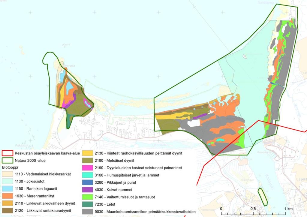 PÄIVITYS 2019 13 Kuva 6-1 Direktiiviluontotyyppien sijoittuminen Kalajoen suiston Natura-alueella (Metsähallituksen biotooppiaineisto).