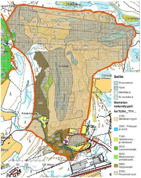 PÄIVITYS 2019 30 Kuva 7-3 Direktiiviluontotyyppien sijoittuminen Maristonpakkojen Natura-alueella luontotyyppitietojen päivitysinventoinnin perusteella (Takalo / FCG Suunnittelu ja tekniikka Oy 2018,