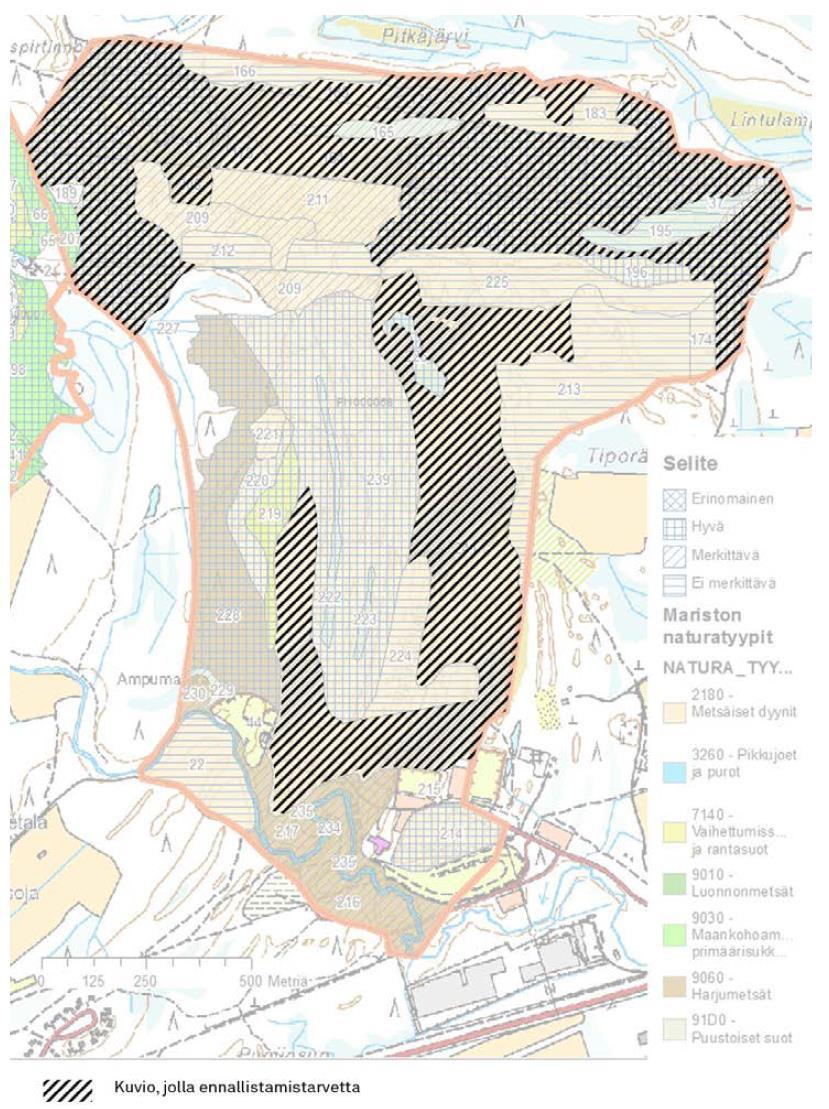 PÄIVITYS 2019 32 Kuva 7-4 Kuviot, joilla on todettu paikoittaista ennallistamistarvetta Mariston Natura-alueen luontotyyppitietojen päivitysinventoinnin (Takalo / FCG Suunnittelu ja tekniikka Oy