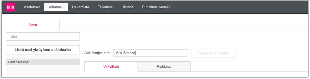 Omat aukioloajat Käyttäjän henkilökohtaisiin numeroihin saapuvia puheluita voidaan ohjata viikoittaisella aikataululla. Viikonpäivän sisällä puhelun voi ohjata myös useampaan kohteeseen.