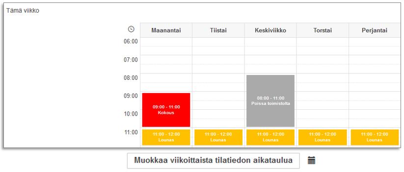 Tilatietoaikataulu on muokkaamisen jälkeen otettavissa käyttöön Omissa asetuksissa kohdassa Tilatieto. Nykyinen tilatieto -kohdassa aktivoidaan valinta Automaattinen ja tallennetaan tehty valinta.