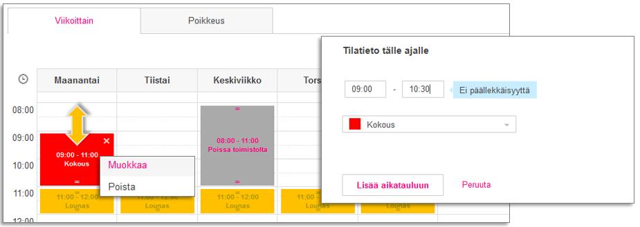 Yksittäisen tilatietomerkinnän voi poistaa aikataulusta valitsemalla pikavalikosta vaihtoehdon Poista tai kalenterin tilatieto-merkinnän oikeassa yläkulmassa olevasta rastista.