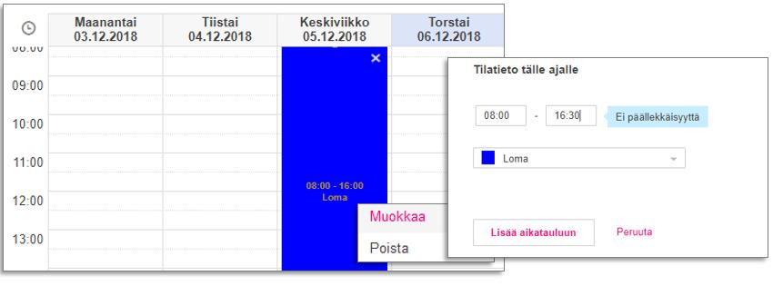 Poikkeusvälilehden merkintää voi tarvittaessa muokata. Muokattavan aikajakson kohdalla valitaan hiiren oikean painikkeen takaa aukeavasta pikavalikosta Muokkaa.