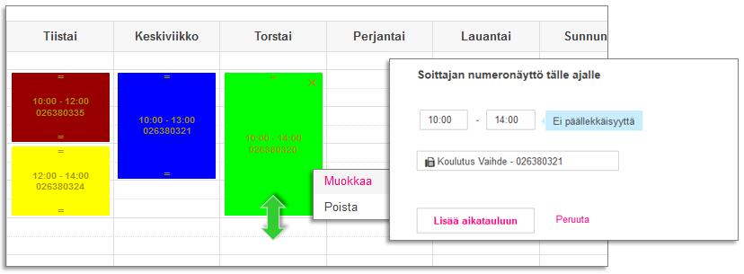 Soittajan numeronäytön aikataulu otetaan käyttöön Omista asetuksista kohdassa Soittajan numero. Aktivoidaan valinta Käytä viikoittaista soittajan numeronäytön muokkauksen aikataulua.