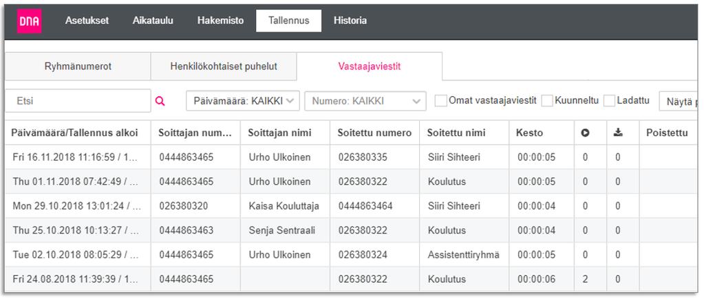 TALLENNUS Välilehdellä Vastaajaviestit näkyy käyttäjälle henkilökohtaisesti jätetyt vastaajaviestit sekä niiden ryhmien ja päänumeroiden vastaajaviestit, missä käyttäjä on jäsenenä.