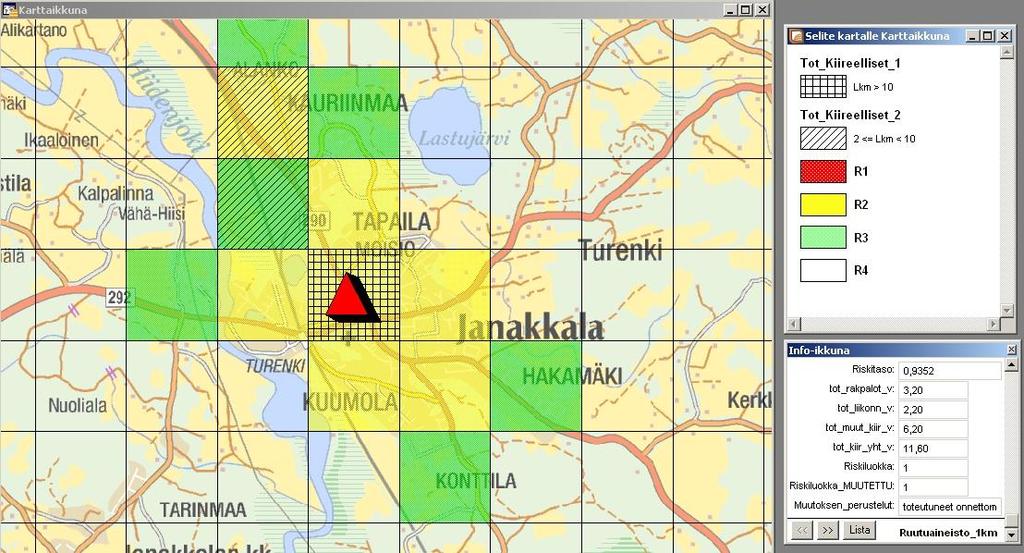Palvelutasopäätöksen perusteluosa Riskiruutu, jossa on tapahtunut vähintään kaksi mutta vähemmän kuin 10 riskiluokan määrittävää onnettomuutta vuodessa viiden vuoden seurantajaksolla, voidaan