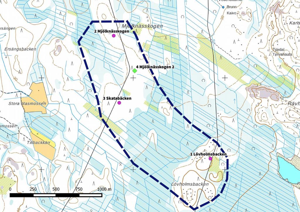 13 7. Yleiskartta Muinaisjäännös: 1. Lövholmsbacken, röykkiö. Kulttuuriperintökohteet: 2. Mjölknässkogen, hiilimiiluja 3. Skatabäcken, hiilimiiluja. Muu inventointihavainto: 4.