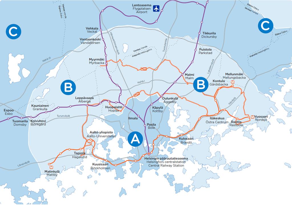 Mitä AB-lipulla saa Laajan matkustusalueen (Helsinki, osa Espoota ja Vantaata) Metrolla päästä päähän, alueella lähes kaikki ostoskeskukset (jopa Jumbo B:llä) Pidemmän vaihtoajan kertalipulle (80