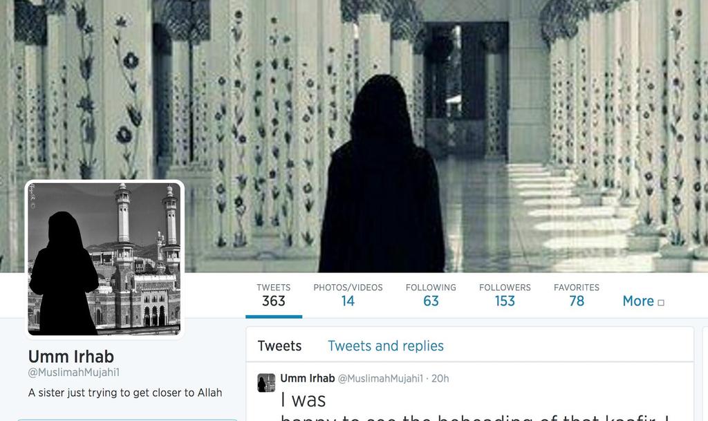 Twitter-tili. Alla olevassa kuvakaappauksessa näkyy yksi Umm Irhabin tileistä, jonka profiilikuvassa korostuu uskonnolliset teemat kuten moskeija ja niqabin käyttö.