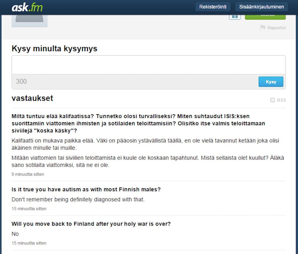 vassa kuvakaappauksessa hän vastaa hänelle esitettyihin kysymyksiin mm.