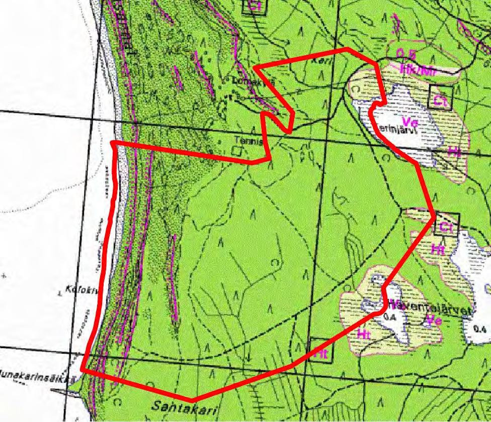 KAAVASELOSTUS (kaavaehdotusvaihe) 17.1.2019 9(57) KUVA 3. Maaperäkartta. Kaava-alue on osoitettu punaisella. Vihreä Hk = hiekka, Vaalean vihreä Ht = hieta, CT = saraturve, Ve = vesialue,.