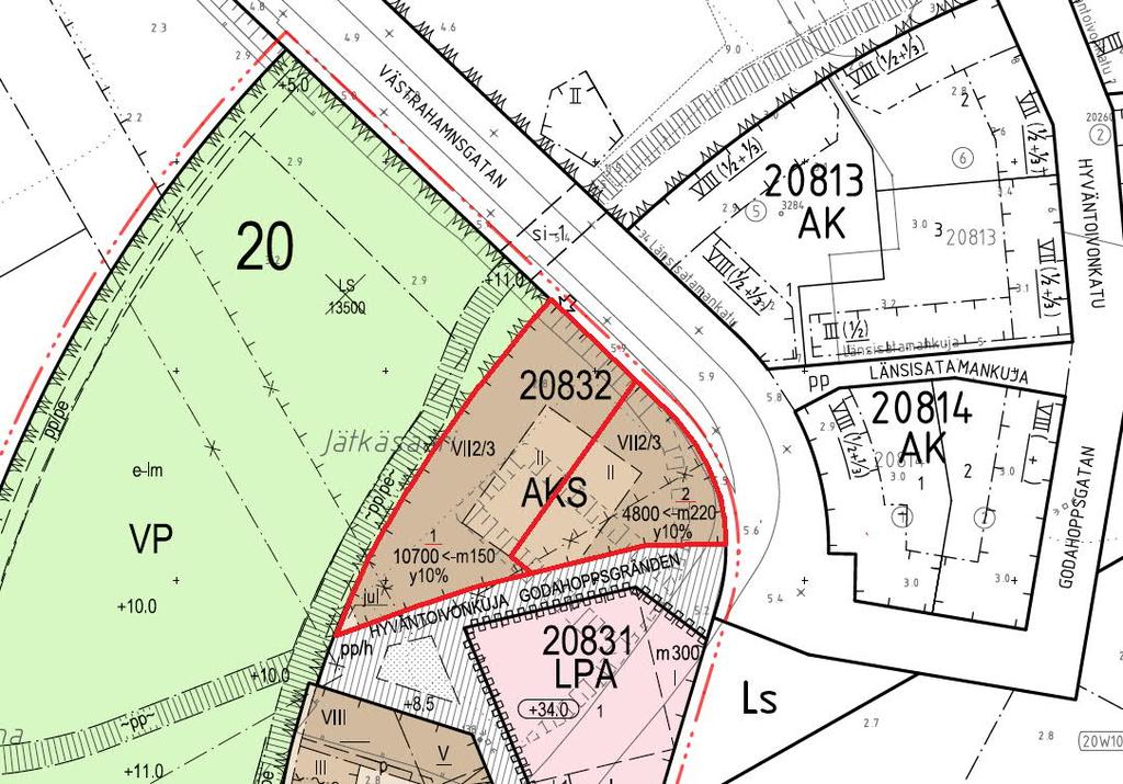 Tontit 20832/1 ja 2 (AKS) Ote Länsisatama, Jätkäsaari Atlantinkaaren asemakaavasta nro 12331. Kartta ei mittakaavassa. Kortteli 20832 on varattu erityisasumiselle (AKS).