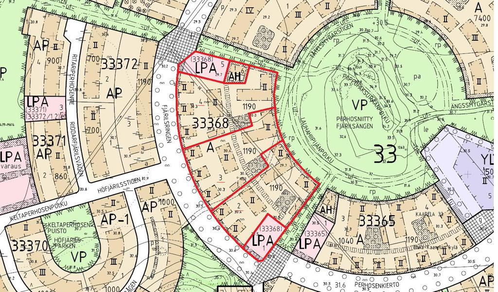 Tontti 33368/2-4 (A) Ote Kaarela, Honkasuon alueen asemakaavasta nro 11870. Kartta ei mittakaavassa.