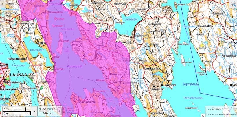 Suunnitelma-alue kuuluu kokonaisuudessaan samaan valuma-alueeseen. Kuva 5. Valuma-aluejako. [Ympäristökarttapalvelu Karpalo, 17.5.2018] Suunnitelma-alueen läheisyydessä ei ole käytössä olevia talousvesikaivoja.