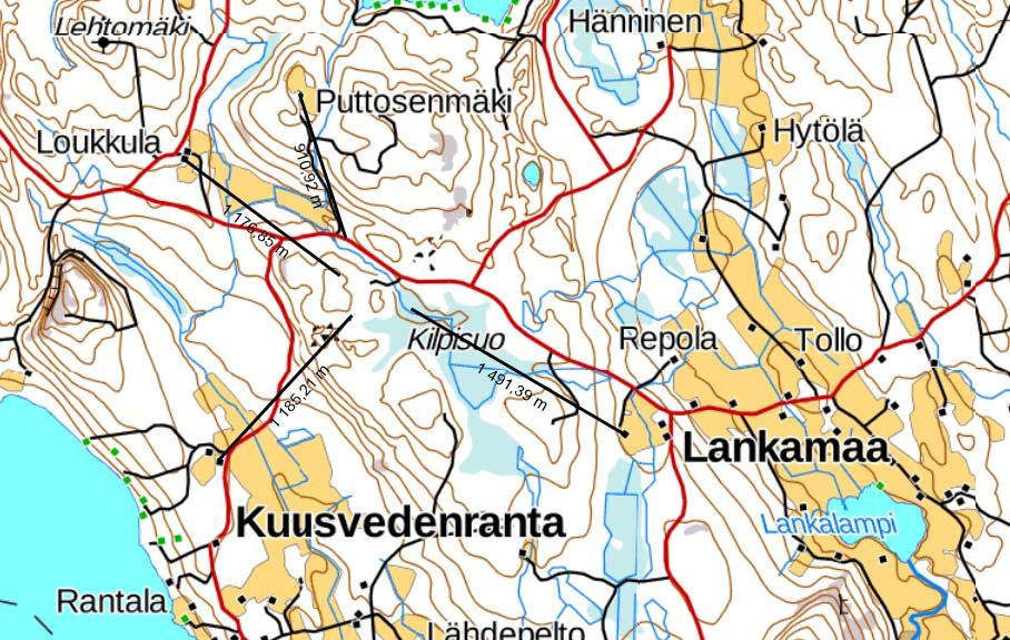 Kuva 6. Asutus jää kauas ottamisalueesta. [Ympäristökarttapalvelu Karpalo, 17.5.2018] Ottamisalueen läheisyydessä ei ole asutusta. Lähin asutus on yli 900 m päässä kiinteistön rajasta pohjoiseen.