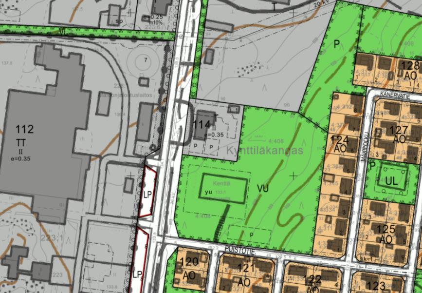 Siinä alueelle on osoitettu pieni tontti, joka sijoittuu teollisuus- ja varastorakennusten korttelialueelle (T) ja lisäksi urheilu- ja