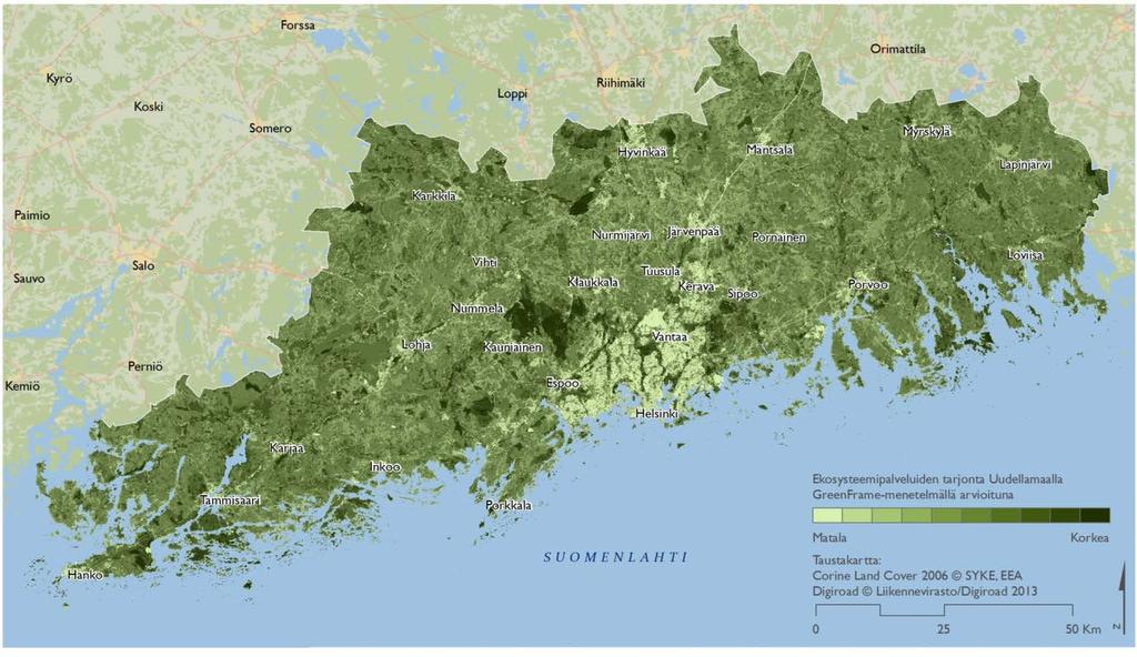 1. GreenFrame-analyysitulos ekosysteemipalveluiden tuotantopotentiaalista Uudellamaalla Raportin kuva 1: Mitä tummemmalla sävyllä alue on esitetty, sitä monipuolisemmat edellytykset