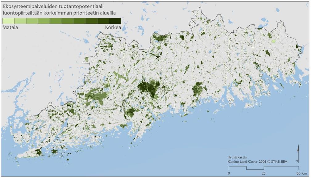5. Ekosysteemipalveluiden tuotantopotentiaalin vaihtelu luontopiirteiltään korkeimman prioriteetin alueilla Raportin kuva 6.