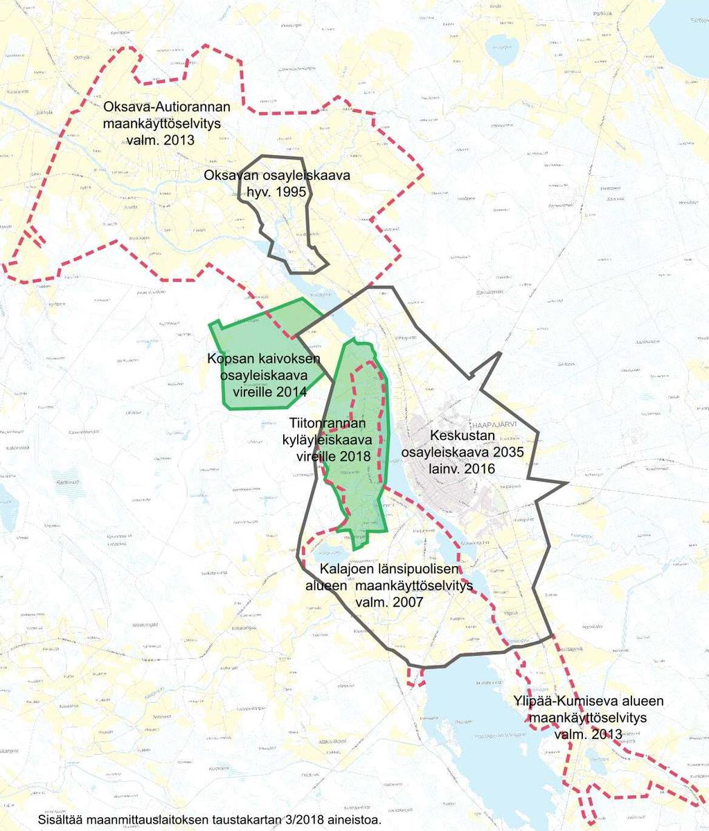 OSAYLEISKAAVAT JA MAANKÄYTTÖSELVITYKSET Kartalla on esitetty Haapajärven kaupungin alueella voimassa olevat yleiskaavat