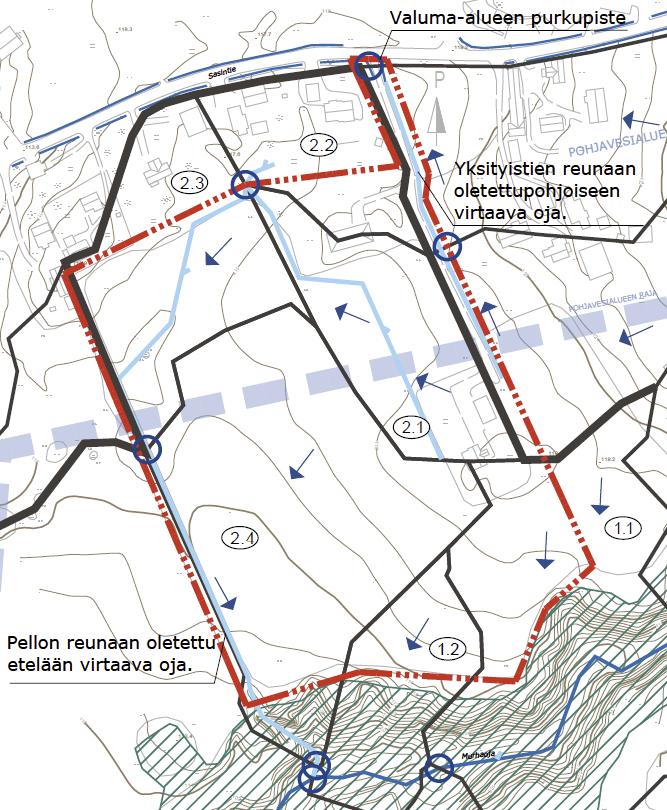 FCG SUUNNITTELU JA TEKNIIKKA OY Raportti 2 (7) Kuva 1 Suunnittelualueen osavaluma-alueet, osavaluma-alueiden purkupisteet ja hulevesien