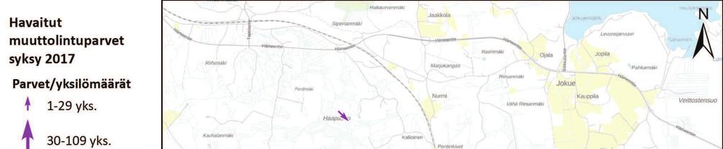 26 (53) Perheniemen tuulivoimapuisto FCG SUUNNITTELU JA TEKNIIKKA OY koispuolilla olevat Rieskalan-Jurkkolan ja Kujansuun peltoaukeat, joita etenkin suuret hanhiparvet vaikuttivat seurannassa