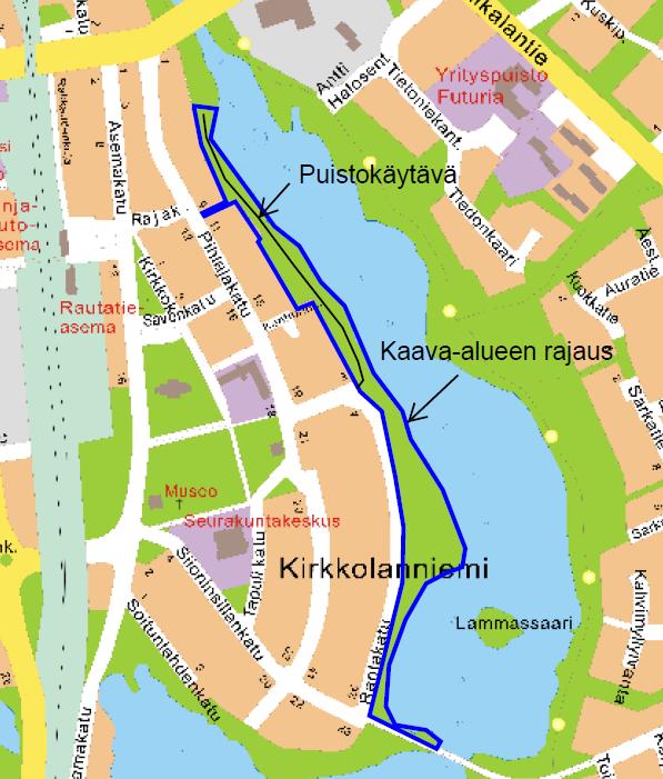 1 PERUS- JA TUNNISTETIEDOT 1.1 Tunnistetiedot - Nimi: Rantapuiston asemakaavan muutos, tunnus ak 001023 - Koskee 1. kaupunginosan Rantapuiston lähivirkistysaluetta Suonenjoen itärannalla.