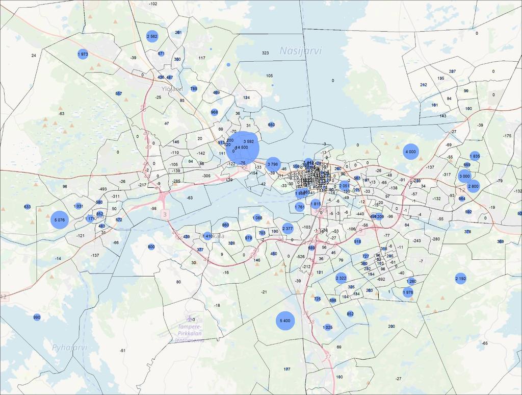 Liikenne-ennusteen perusteet, maankäyttö Viereisessä kuvassa esitetään Tampereen seudun TALLI2015-liikennemallin mukainen väestömäärien muutos