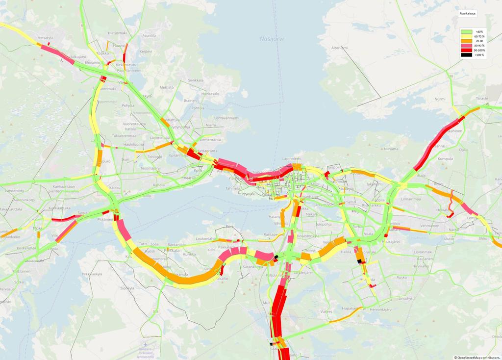 Liikenne-ennuste (Skenaario 3 Palvelutaso muuttuu+, KVL 2040) 2017 Tampereen seudun liikennemallin vuoden 2040 ennusteen mukainen liikenneverkon kuormitus on esitetty viereisessä kuvassa skenaariolle