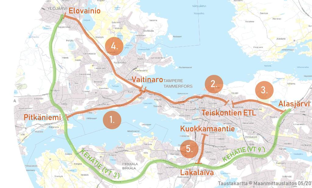 Suunnittelun lähtökohdat Tehtävänä oli tarkastella ja selkeyttää Tampereen kehätien (valtatie 3 läntinen kehätie ja valtatie 9 itäinen kehätie) sisäisten maantieyhteyksien roolia valtion ja kuntien