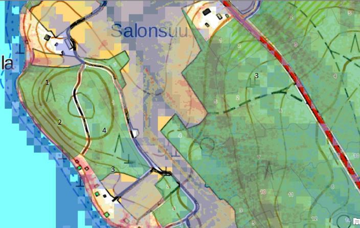 54 Asettamalla nämä aineistot päällekkäin kuvan 18 tapaan päästiin tekemään analyysejä alueesta kokonaisuutena. Kuva 18. Aineistotasojen yhdistely mahdollistaa analysoinnin.