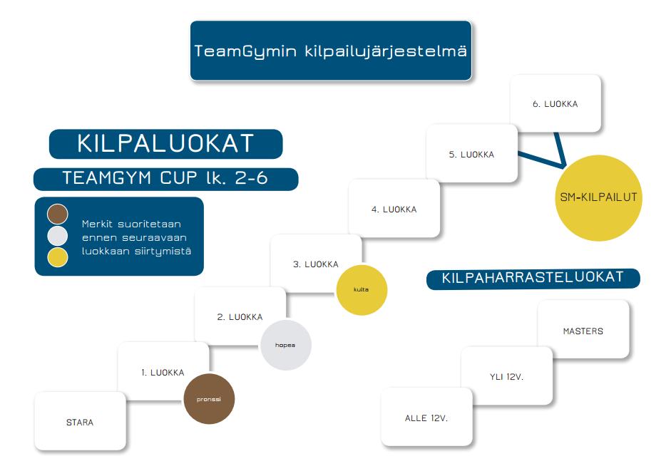 3 Luokkajärjestelmä TeamGymin luokkajärjestelmässä kilpaillaan Stara-tapahtumissa, kilpaharrasteluokassa sekä kuudessa kilpailuluokassa. Luokat ovat tasoluokkia, joissa ei ole ikärajoja.