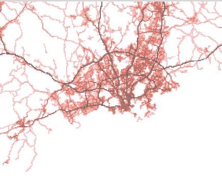 vaikutuspolkumenetelmällä 250m x 250m hilassa: