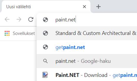 Ohjelman lataaminen internetistä ja asentaminen tietokoneelle Esimerkissä käytetään Google Chrome -selainta ja asennetaan Paint.net kuvankäsittelyohjelma.