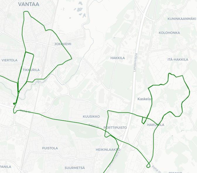 3.2.2 Vantaa Tikkurila ja Hakunila Vantaan Tikkurilan reitin perusosa on pysynyt muuttumattomana vuodesta 216, lukuun ottamatta vuosien varrella Tikkurilan mittavien työmaiden vuoksi pois jääneitä