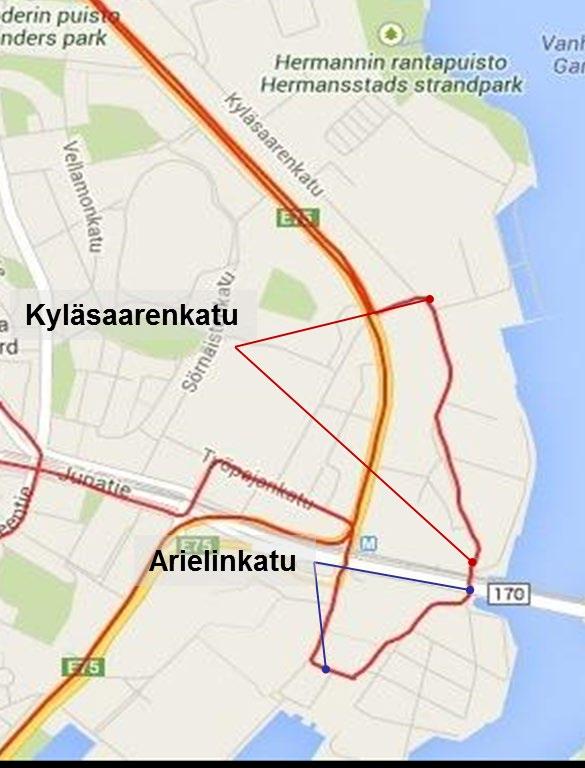 4.1.4 Kohde: Kalasatama, Helsinki Nuuskijan reitti ulotettiin keväällä 215 Kalasatamaan työmaa-alueelle (kuva 33), jossa oli meneillään laaja aluerakentaminen.