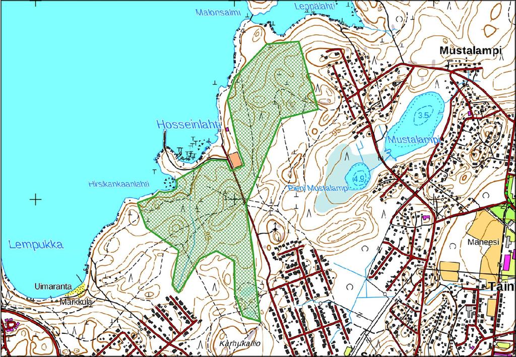 Saimaalta katsottaessa mantereelle päin näkyy metsäinen maisema Hosseinlahden alueella (42 ha).