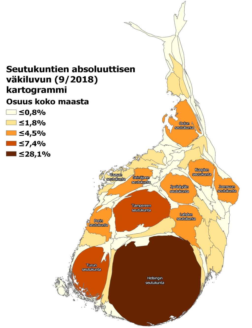 4,5 % Puolet suomalaisista asuu kuudella suurimmalla kaupunkiseudulla 7,4 % Kartogrammissa on kuvattu 70 seutukunnan väestömäärä suhteessa koko maan väestömäärän syyskuussa 2018.