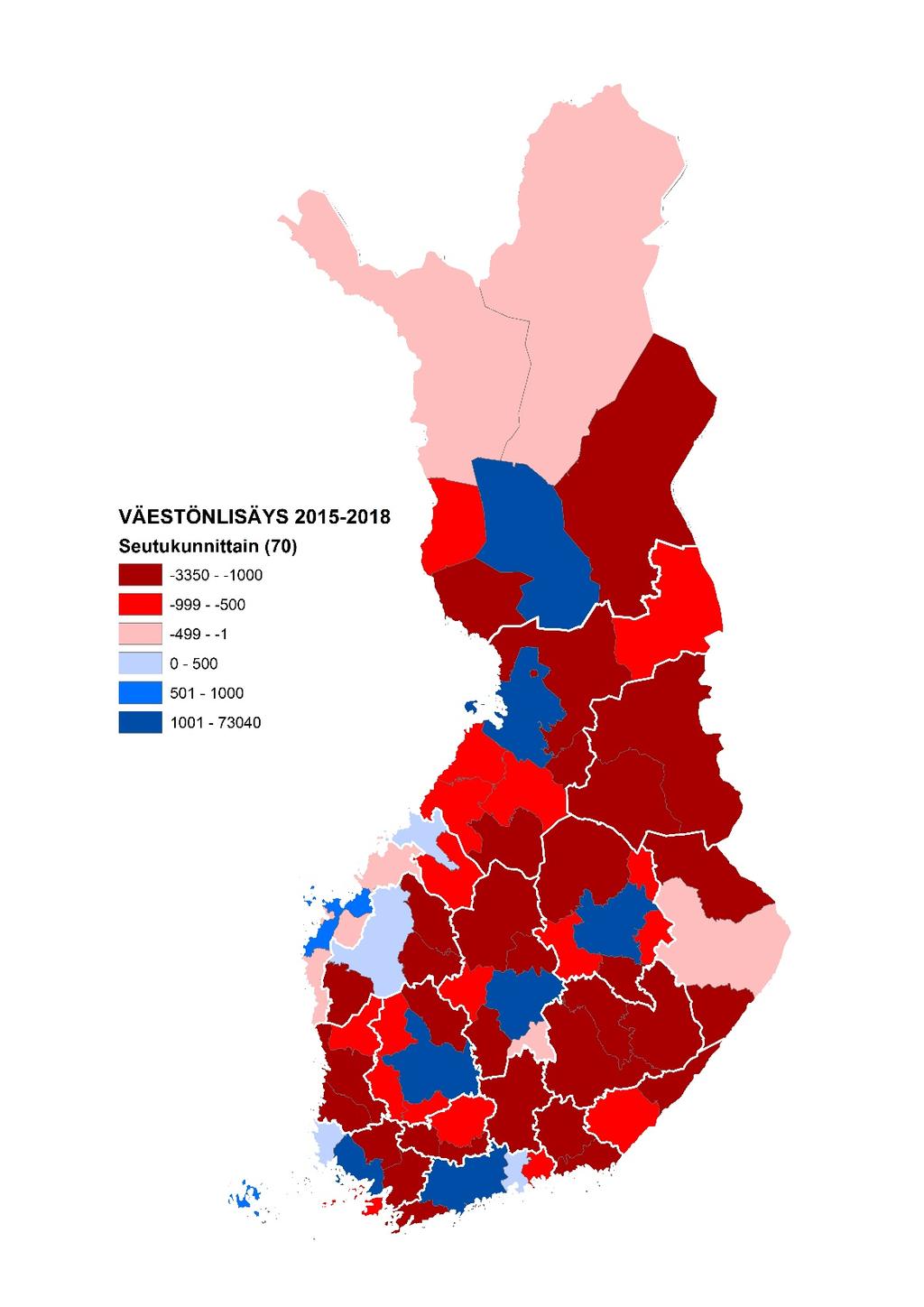 VÄESTÖNLISÄYS SEUTUKUNNITTAIN (70) KARTALLA JA PUUKUVIONA 2015-2018 73 040 15 965 9 935 + 14