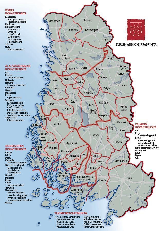 Arkkihiippakunta kartalla Arkkihiippakuntaan kuuluu 51 seurakuntaa. Ne muodostavat viisi rovastikuntaa. 1. Ala-Satakunnan rovastikunta lääninrovasti Ari Paavilainen 2.