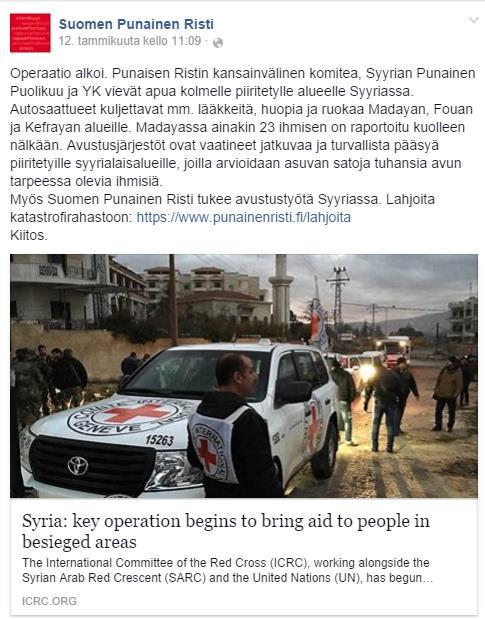 Operaatio alkoi. Punaisen Ristin kansainvälinen komitea, Syyrian Punainen Puolikuu ja YK vievät apua kolmelle piiritetylle alueelle Syyriassa. Autosaattueet kuljettavat mm.