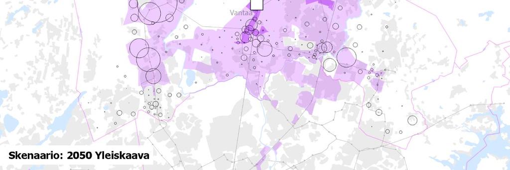 sekä asukas- ja työpaikkamäärän kasvusta 2050 kasvu asukkaissa 63%, työpaikoissa 132%