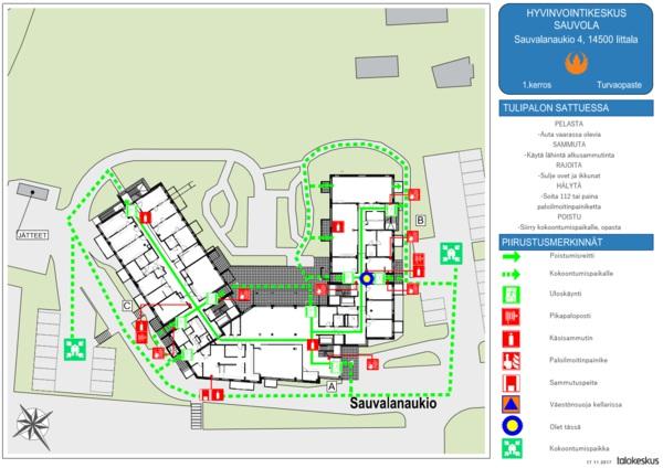 Sivu 14 / 40 3. Rakennuksen turvallisuusjärjestelyt 3.1. Turvallisuuskartat Turvallisuuskartat ovat opastepiirustuksia, joihin on merkitty hätätilanneohjeiden lisäksi turvallisuuteen liittyviä tietoja.