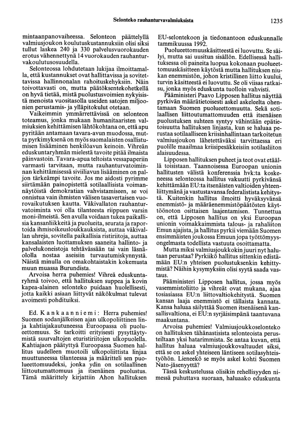 Selonteko rauhanturvavalmiuksista 1235 mintaanpanovaiheessa.