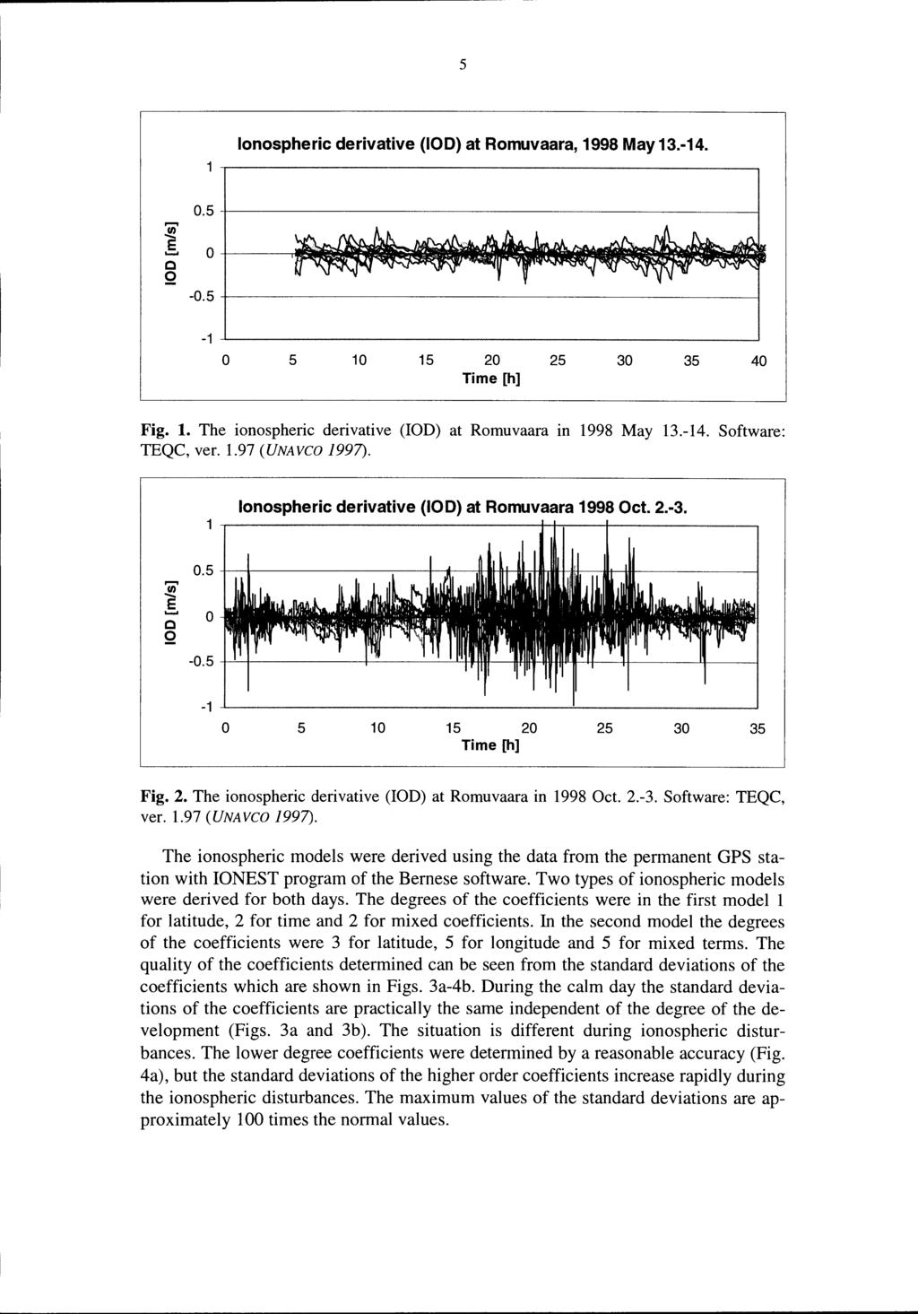5 lonospheric derivative (1) at Romuvaara, 1998 May 13.-14. ~... E c Q.5 -.5-1 5 1 15 2 25 3 35 4 Time [h] Fig. 1. The ionospheric derivative (IOD) at Romuvaara in 1998 May 13.-14. Software: TEQC, ver.