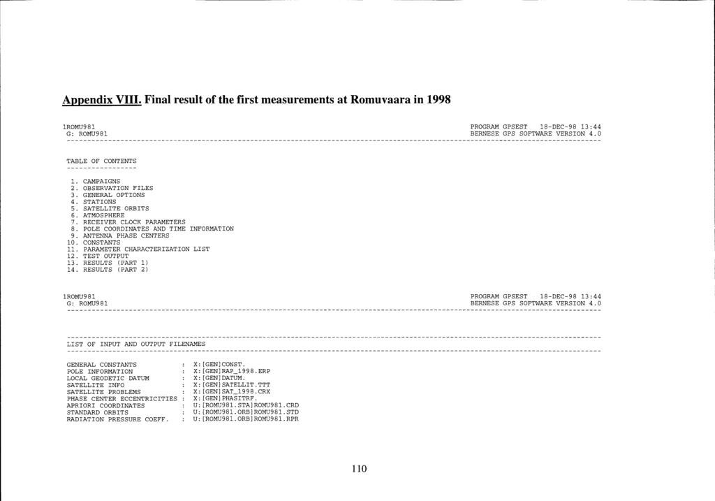 Appendix VIII. Final result of the first measurements at Romuvaara in 1998 1ROMU981 G: ROMU981 PROGRAM GPSEST 18-DEC-98 13:44 BERNESE GPS SOFTWARE VERSION 4. TABLE OF CONTENTS 1. CAMPAIGNS 2.